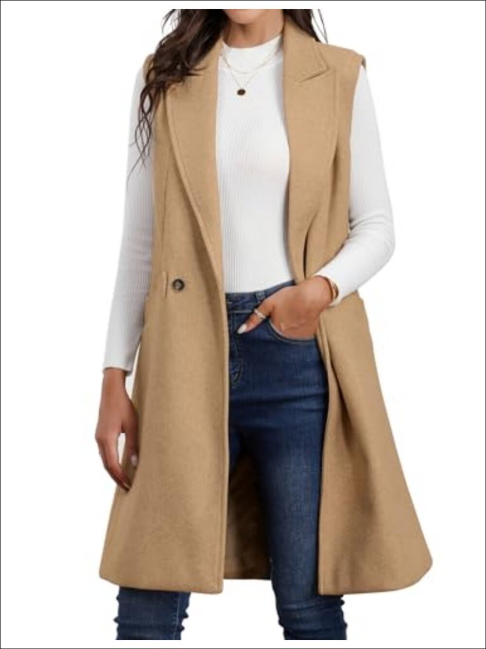 Wool Blend Sleeveless Long Vest Blazer Jacket Waistcoat